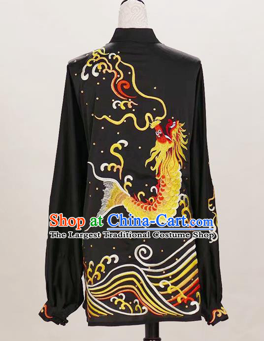 China Kung Fu Tournament Black Uniform Martial Arts Performance Costume Tai Chi Training Outfit Taijiquan Embroidered Carp Clothing