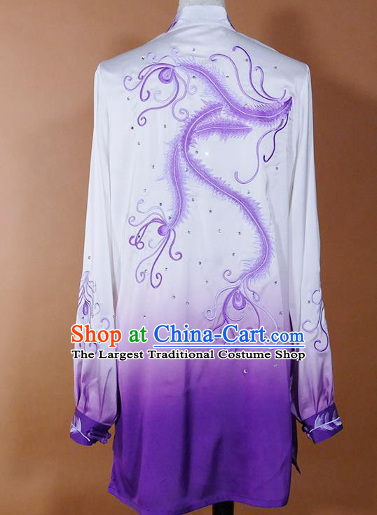 China Kung Fu Tournament Purple Uniform Martial Arts Costume Tai Chi Performance Outfit Taijiquan Training Embroidered Phoenix Clothing