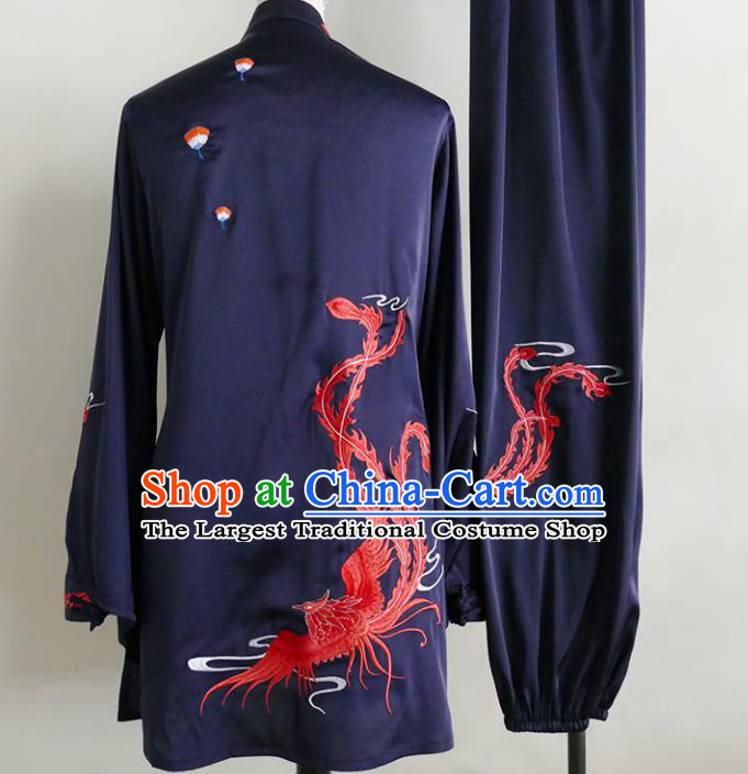 China Martial Arts Performance Costume Tai Chi Training Embroidered Phoenix Clothing Female Kung Fu Tournament Navy Uniform