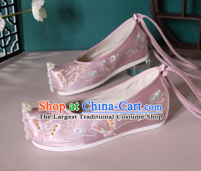 Chinese Hanfu Shoes Pink Satin Embroidered Shoes Ancient Princess Shoes