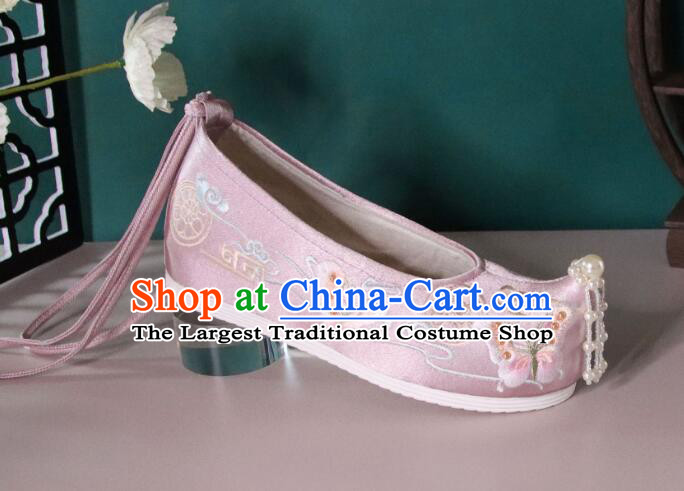 Chinese Hanfu Shoes Pink Satin Embroidered Shoes Ancient Princess Shoes