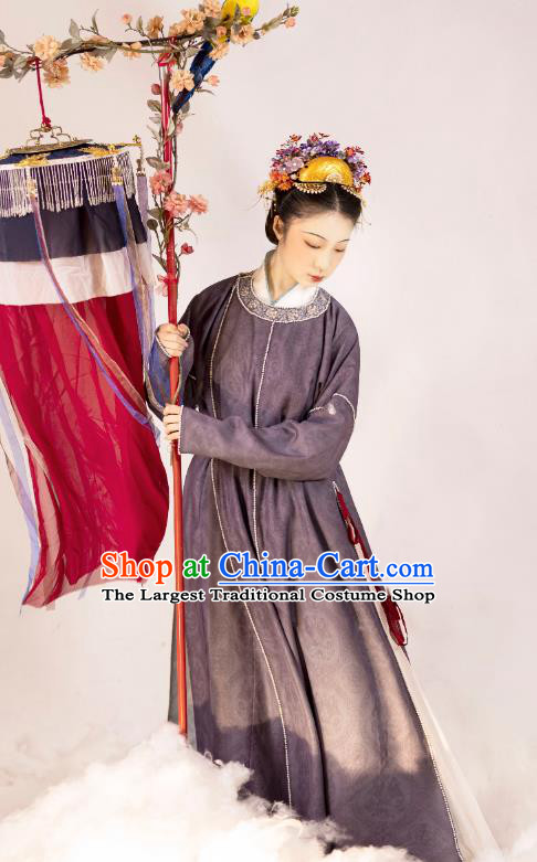 Chinese Traditional Hanfu Ancient Court Woman Garment Costumes Song Dynasty Purple Round Collar Robe Skirt Complete Set