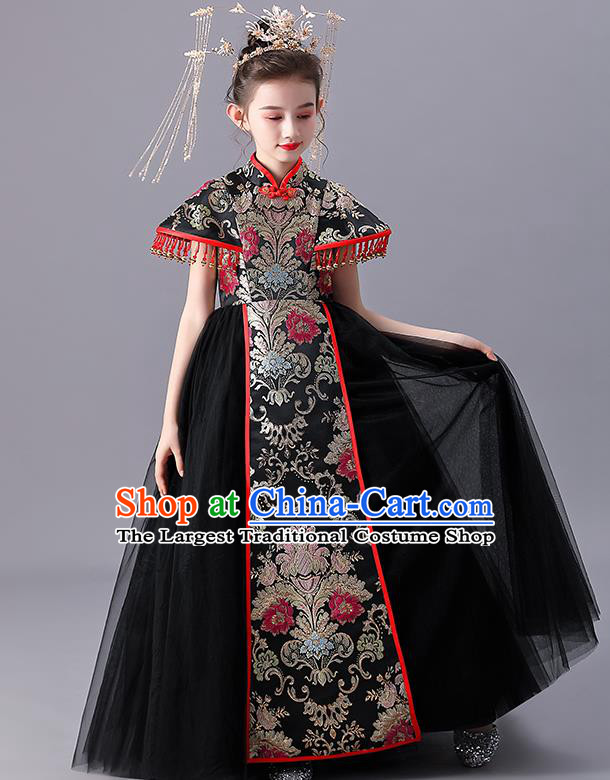 Girl Catwalks Black Dress Children Day Performance Clothing China Traditional Stage Shoe Costume