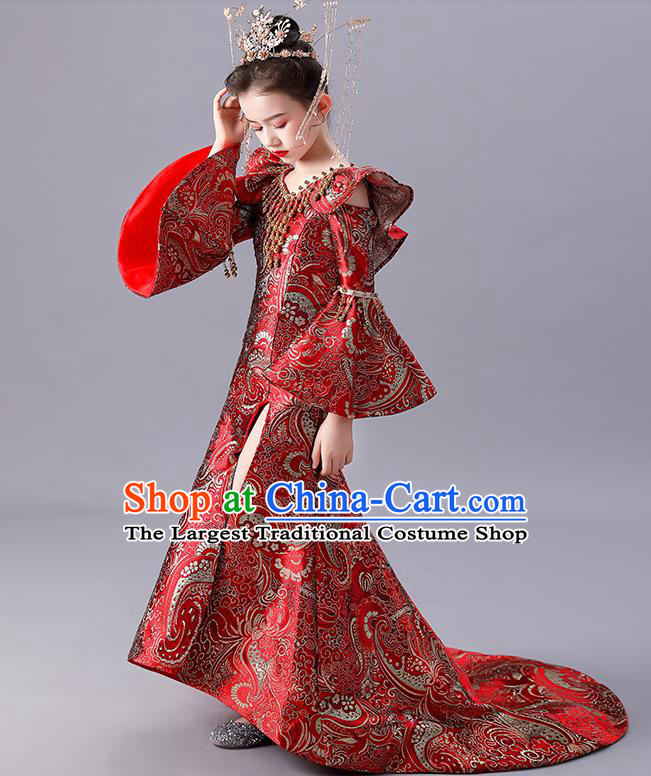 Top Children Day Performance Clothing China Style Stage Show Costume Girl Catwalks Red Dress Model Contest Fashion