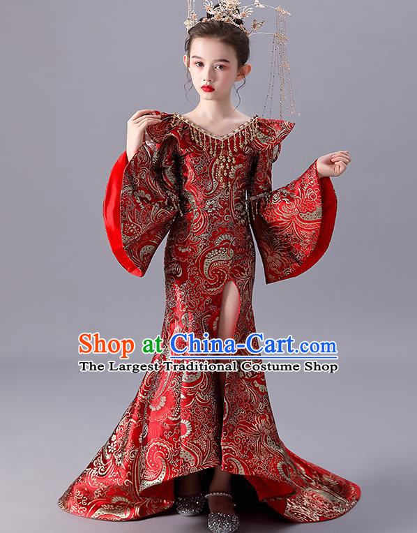 Top Children Day Performance Clothing China Style Stage Show Costume Girl Catwalks Red Dress Model Contest Fashion
