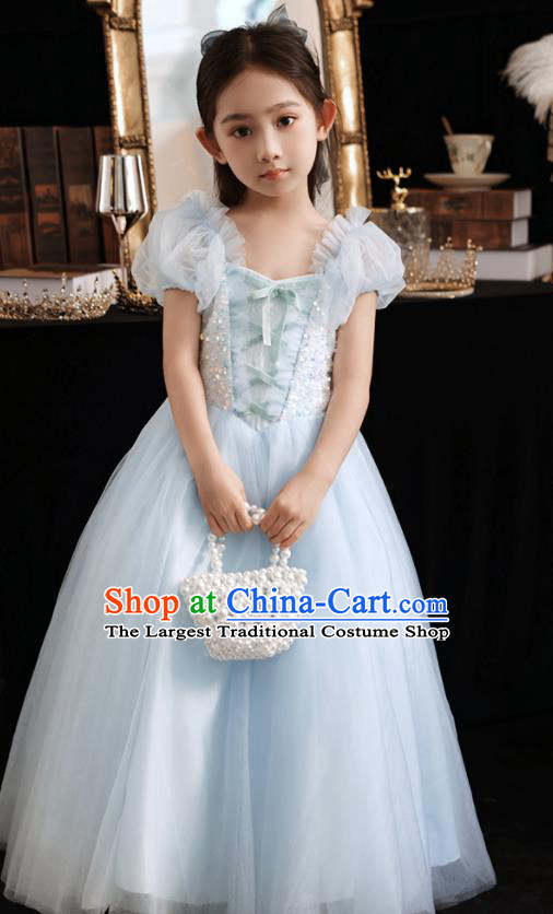 Princess Birthday Light Blue Dress Top Model Contest Fashion Children Day Performance Clothing Girl Catwalks Costume