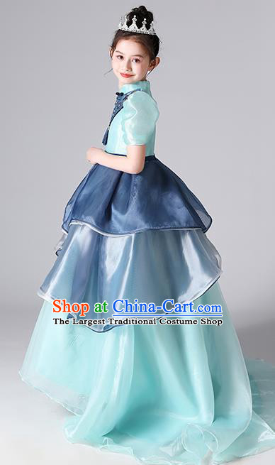 Girl Catwalks Costume Princess Birthday Blue Full Dress Top Model Contest Fashion Children Day Show Clothing