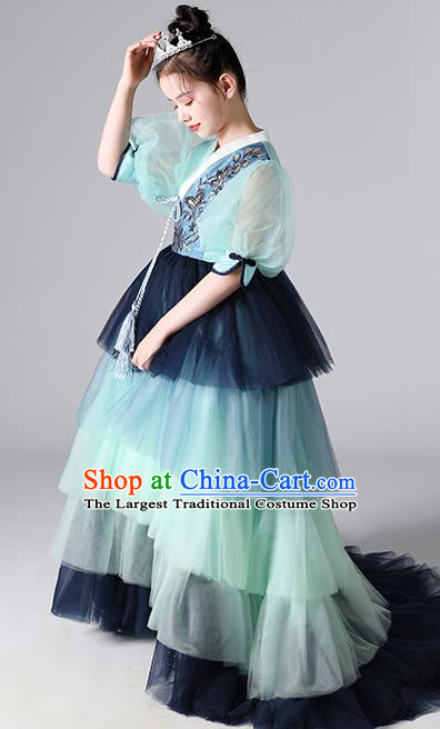 Children Day Stage Show Clothing Girl Catwalks Costume Princess Birthday Blue Full Dress Top Model Contest Fashion