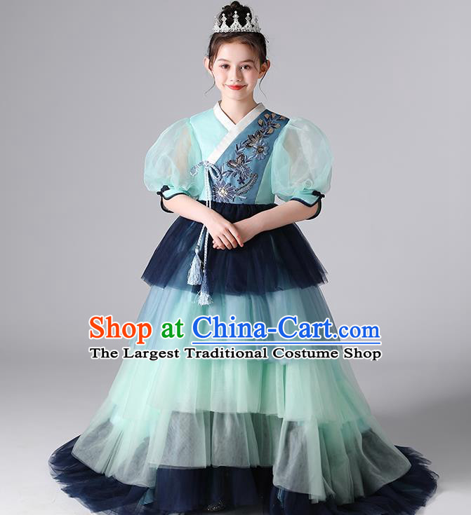 Children Day Stage Show Clothing Girl Catwalks Costume Princess Birthday Blue Full Dress Top Model Contest Fashion