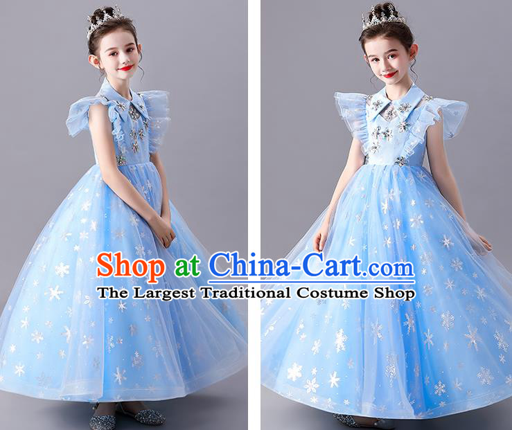 Top Model Contest Fashion Children Day Stage Show Clothing Girl Catwalks Costume Princess Birthday Blue Full Dress