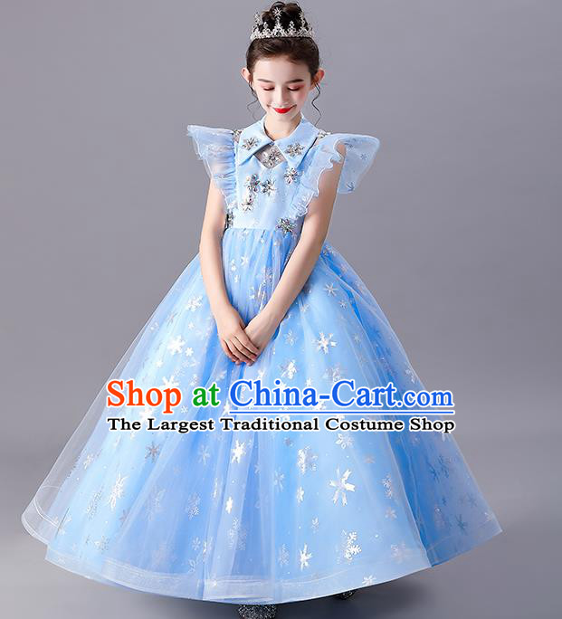 Top Model Contest Fashion Children Day Stage Show Clothing Girl Catwalks Costume Princess Birthday Blue Full Dress