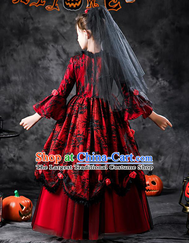 Kid Red Full Dress Children Day Performance Clothing Girl Stage Show Costumes Ballroom Dance Fashion