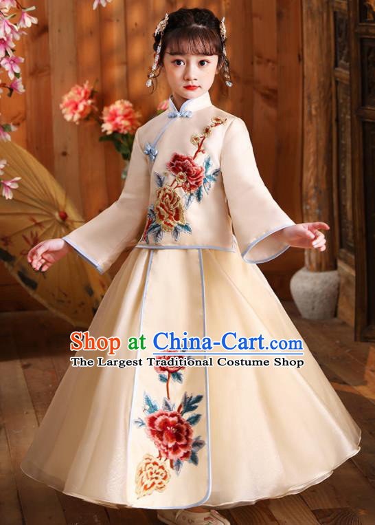 Chinese Folk Dance Fashion Kid Apricot Blouse and Skirt Children Day Performance Hanfu Clothing Girl Stage Show Costumes