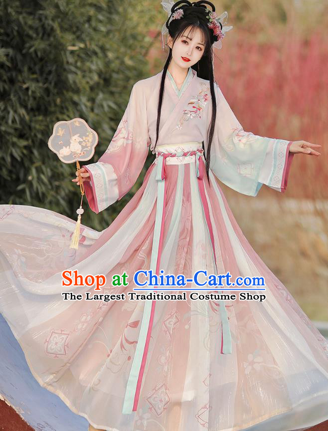 China Traditional Woman Pink Hanfu Dress Ancient Young Lady Costumes Jin Dynasty Princess Clothing