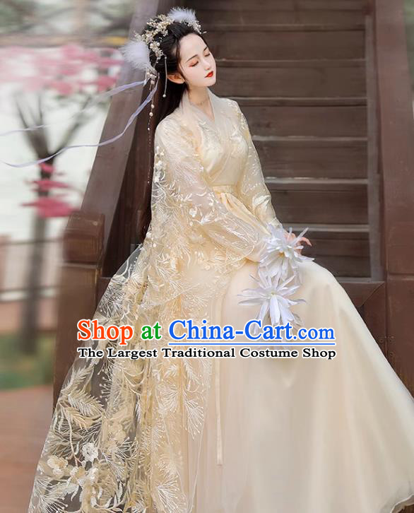 Chinese Ming Dynasty Princess Clothing Traditional Champagne Hanfu Dress Ancient Goddess Costumes
