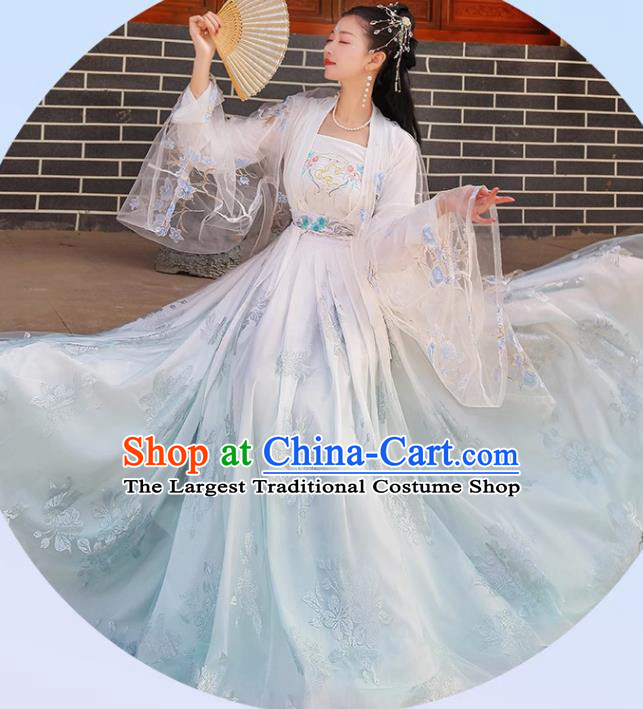 Chinese Ancient Fairy Costumes Song Dynasty Princess Clothing Traditional Embroidered Blue Hanfu Dresses