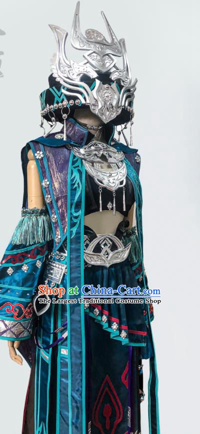 Top Jian Xia Qing Yuan Young Lady Clothing Ancient Ethnic Princess Costume Cosplay Sorceress Dress and Headdress