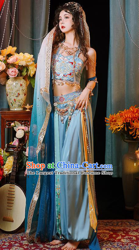 China Ethnic Dance Costumes Ancient Western Regions Lou Lan Princess Blue Outfit Dunhuang Dance Clothing