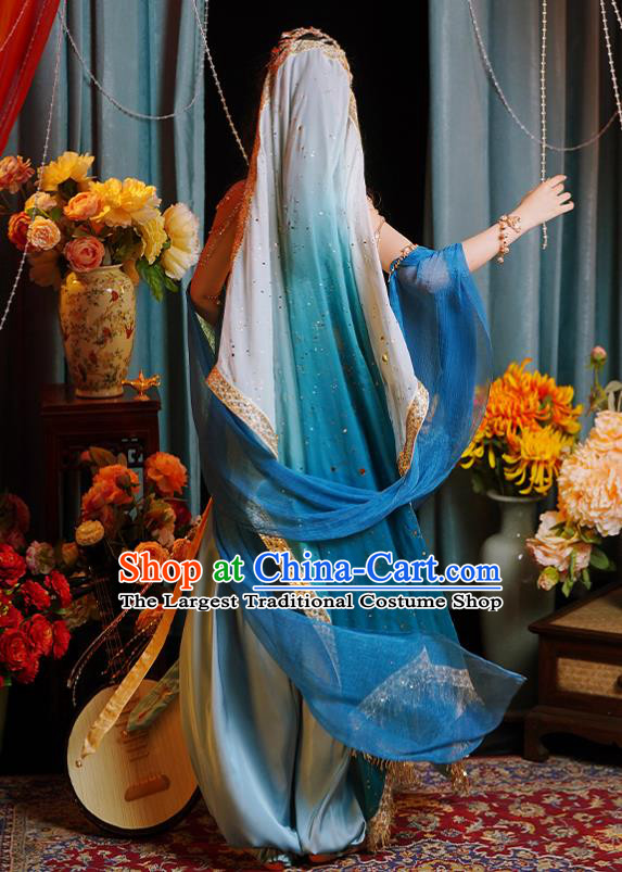 China Ethnic Dance Costumes Ancient Western Regions Lou Lan Princess Blue Outfit Dunhuang Dance Clothing