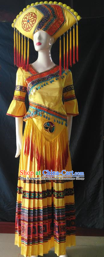 Zhuang Yellow Pleated Long Skirt Stage Singing Performance Costume