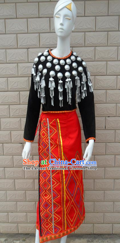 China Ethnic Jingpo Minority Performance Costumes National Style Dance Costumes Women Clothing Dance Performance Costumes Stage Costumes