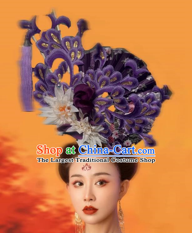 Chinese Style Blue And White Fan Shaped Porcelain Ancient Style Catwalk Model Competition Photography Exaggerated Headdress Hair Accessories