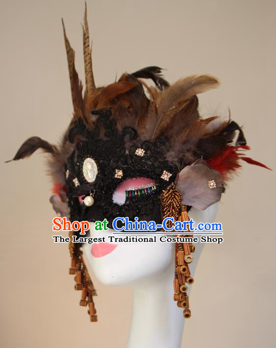 Ethnic Style Feather Brown Mask Performance Halloween Fashion Party Mysterious Half Face Accessories COS