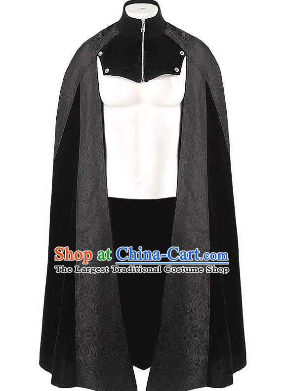 Autumn And Winter Long Cloak Black Jacquard Stand Collar Zipper Cloak Male Cosplay Steel Lord Gothic Court Costume