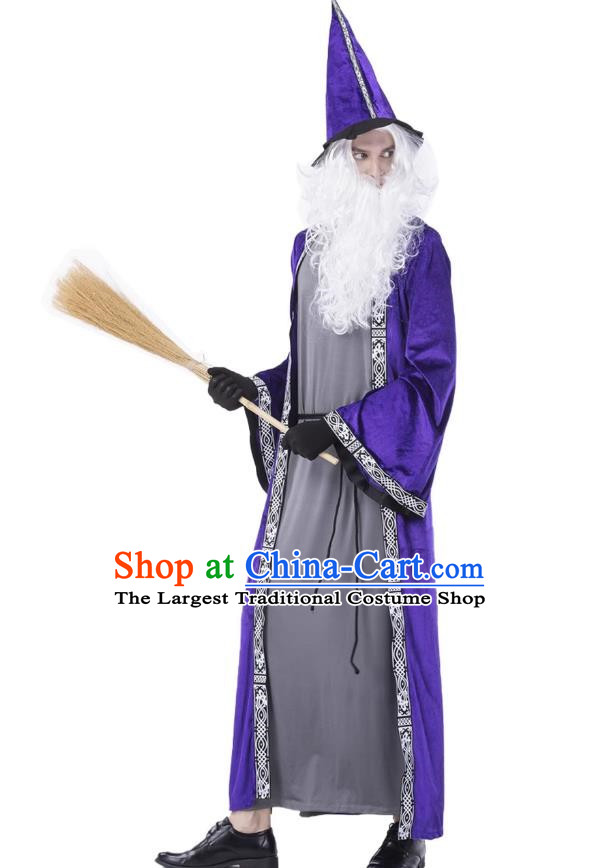 Halloween Blue Magician Costume Cosplay High Pointed Hat Elf Wizard Adult Long Section Warlock Costume Large Size