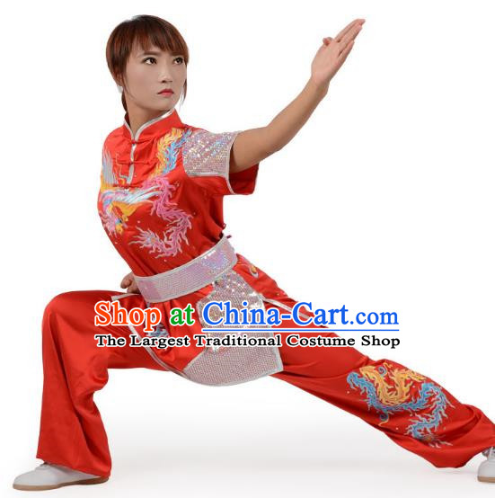 Red Martial Arts Clothing Embroidered Phoenix Performance Clothing Competition Clothing Long Boxing Clothing Practice Clothing For Women, Boys And Children