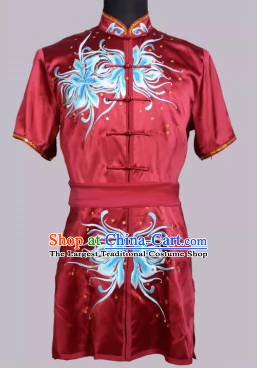 Martial Arts Clothing Deep Wine Red Sequin Embroidery Performance Clothing Adult Children High End Chinese Style