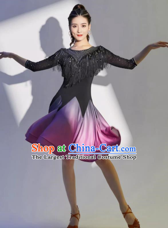Latin Dance Skirt Performance Clothing Female Professional Competition Dance Gradient Dress Group Practice Performance Sexy Fringed Skirt