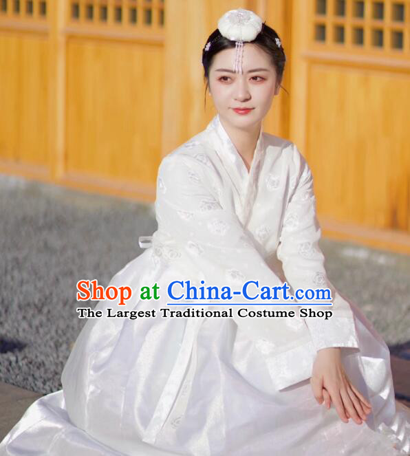 Korean Female Hanbok Traditional Court Princess Costume Bride White Fashion