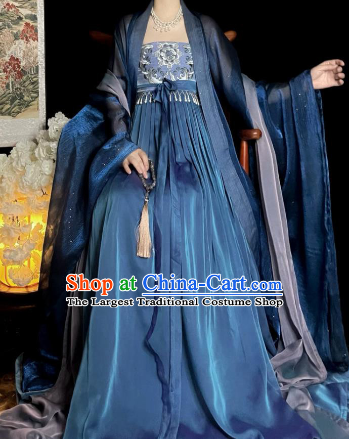 Chinese Traditional Hanfu Tang Dynasty Empress Clothing Ancient Court Woman Blue Dress Costumes Complete Set