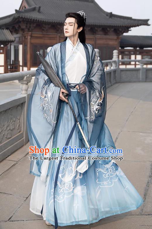 Chinese Traditional Young Hero Hanfu Ancient Swordsman Blue Clothing Jin Dynasty Male Garment Costumes