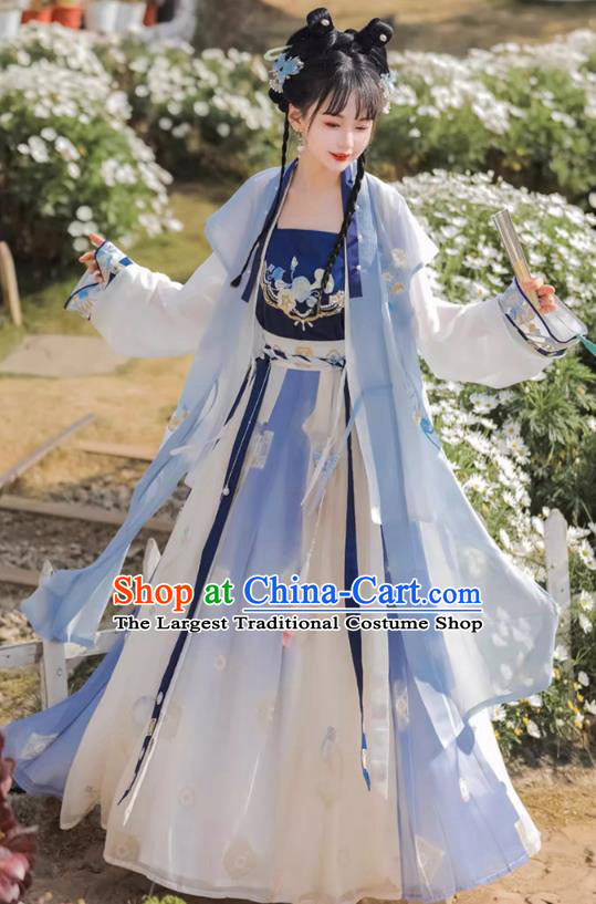 Chinese Song Dynasty Female Garment Costumes Traditional Blue Hanfu Dress Ancient Young Woman Clothing