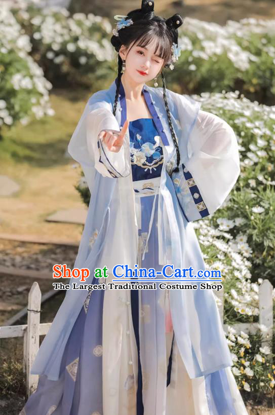 Chinese Song Dynasty Female Garment Costumes Traditional Blue Hanfu Dress Ancient Young Woman Clothing