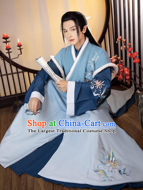 Chinese Ancient Young Childe Clothing Song Dynasty Swordsman Garment Costumes Traditional Winter Blue Hanfu