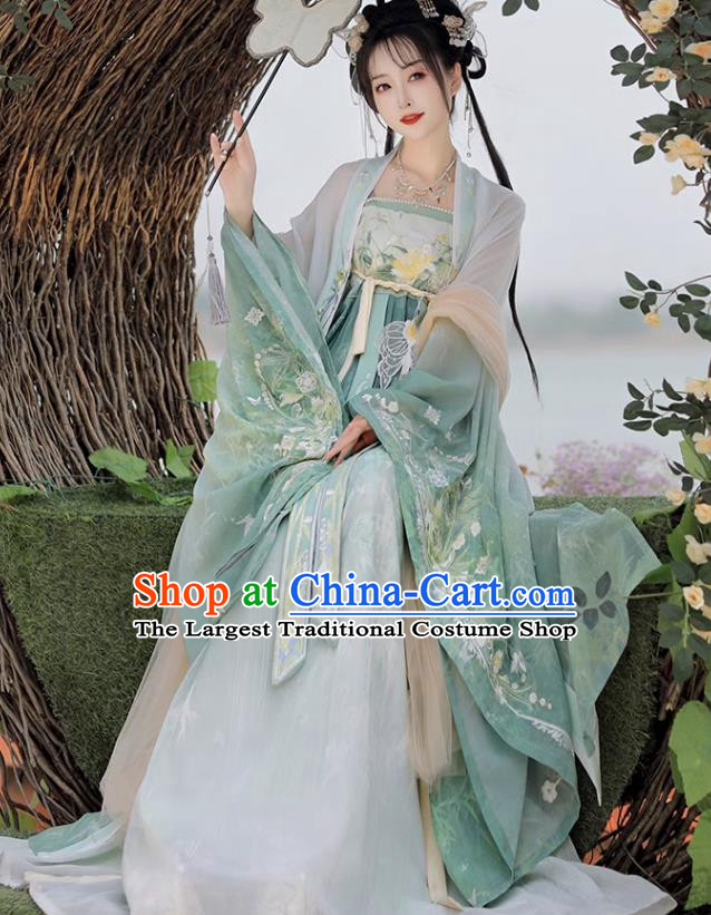 Chinese Ancient Flower Fairy Clothing Tang Dynasty Royal Princess Garment Costumes Traditional Green Hanfu Dress