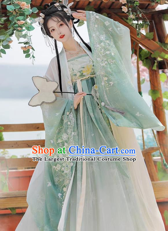 Chinese Ancient Flower Fairy Clothing Tang Dynasty Royal Princess Garment Costumes Traditional Green Hanfu Dress