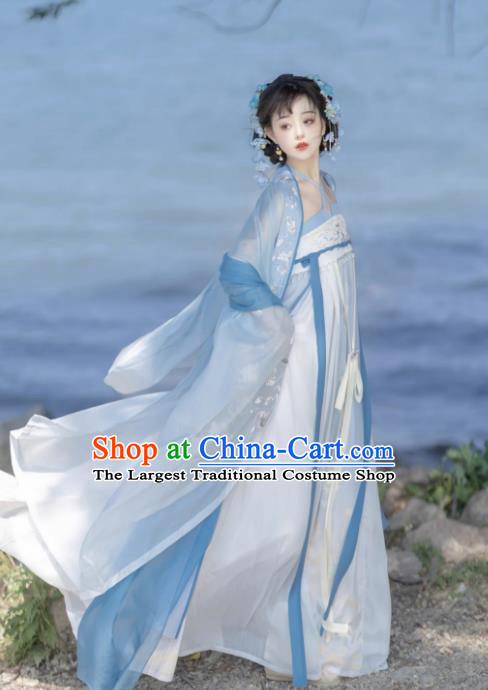 Chinese Traditional Woman Blue Hanfu Dress Ancient Flower Fairy Clothing Tang Dynasty Royal Princess Garment Costumes