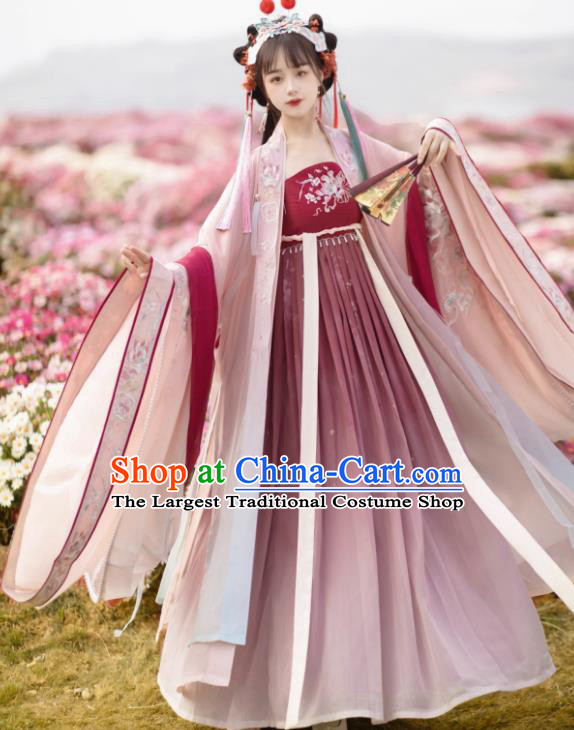 Chinese Tang Dynasty Royal Princess Garment Costumes Traditional Woman Red Hanfu Dress Ancient Flower Goddess Clothing