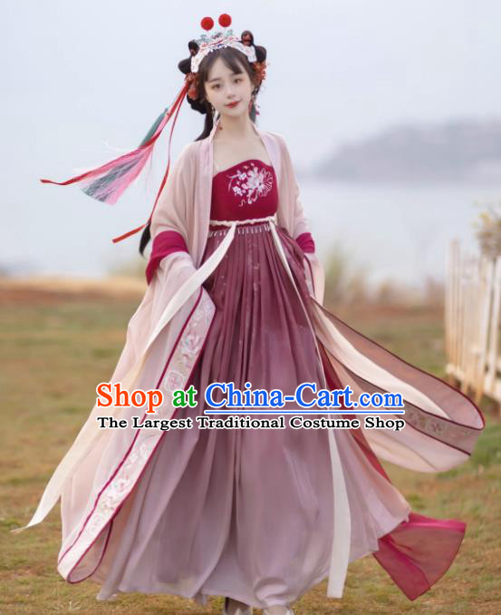 Chinese Tang Dynasty Royal Princess Garment Costumes Traditional Woman Red Hanfu Dress Ancient Flower Goddess Clothing