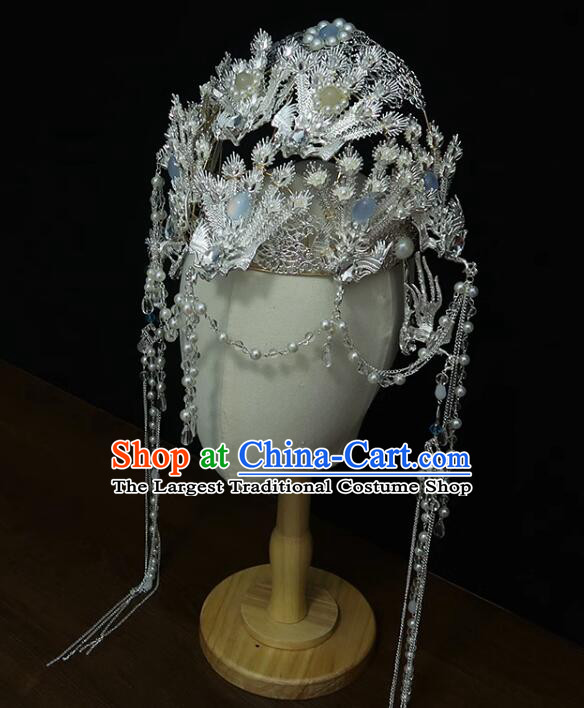 Chinese Ancient Empress Argent Crown Handmade Phoenix Headdress Hanfu Wedding Jewelries