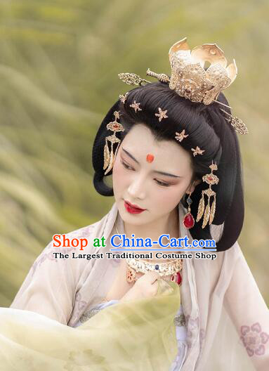 Chinese Ancient Empress Golden Lotus Crown Handmade Song Dynasty Court Woman Headdress Hanfu Hair Jewelries