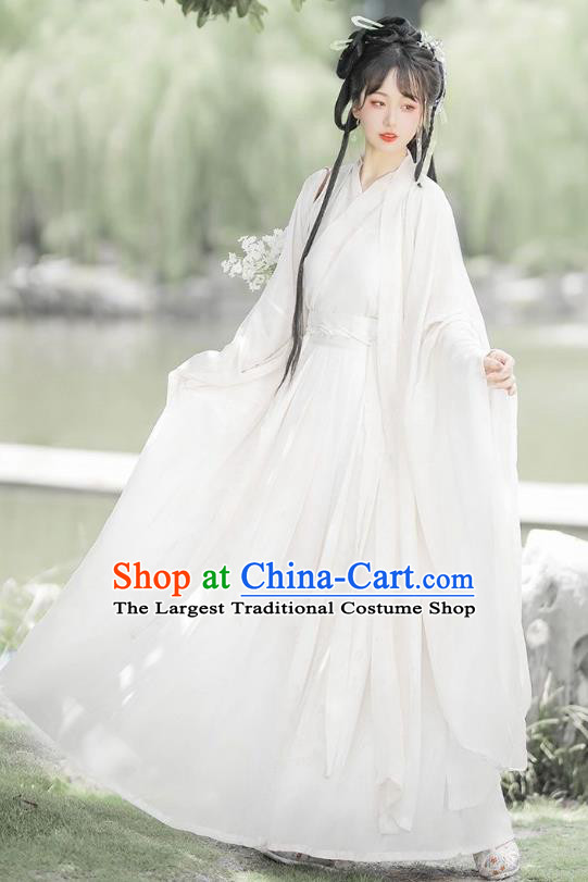 China Ancient Goddess Clothing Traditional Young Lady White Hanfu Dress Jin Dynasty Swordswoman Garment Costumes