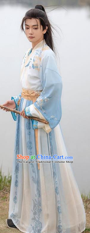 China Traditional Male Printing Hanfu Jin Dynasty Royal Childe Garment Costumes Ancient Swordsman Blue Clothing
