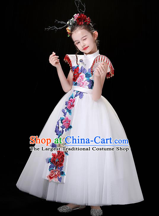 Top Children Modern Fancywork Clothing Girl Compere Full Dress Chinese Embroidered Costume