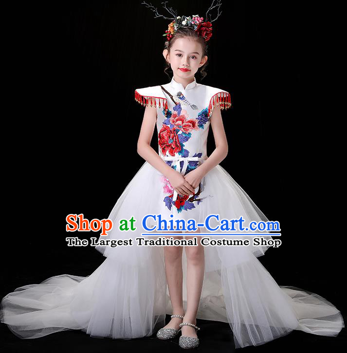 Chinese Embroidered Qipao Costume Top Children Modern Fancywork Clothing Girl Compere Full Dress