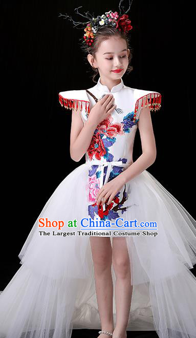 Chinese Embroidered Qipao Costume Top Children Modern Fancywork Clothing Girl Compere Full Dress